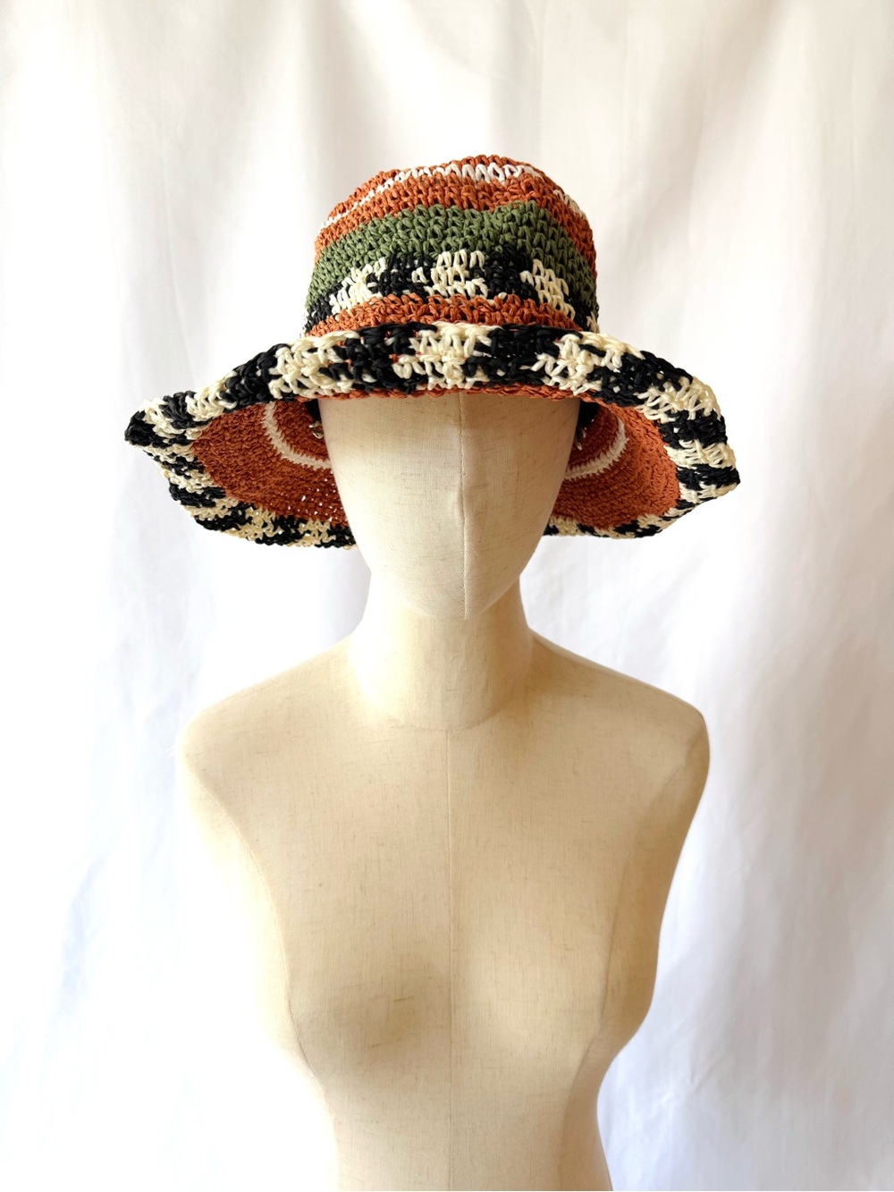 Handwoven Crochet Bucket Hat – Multicolor Boho Straw Style